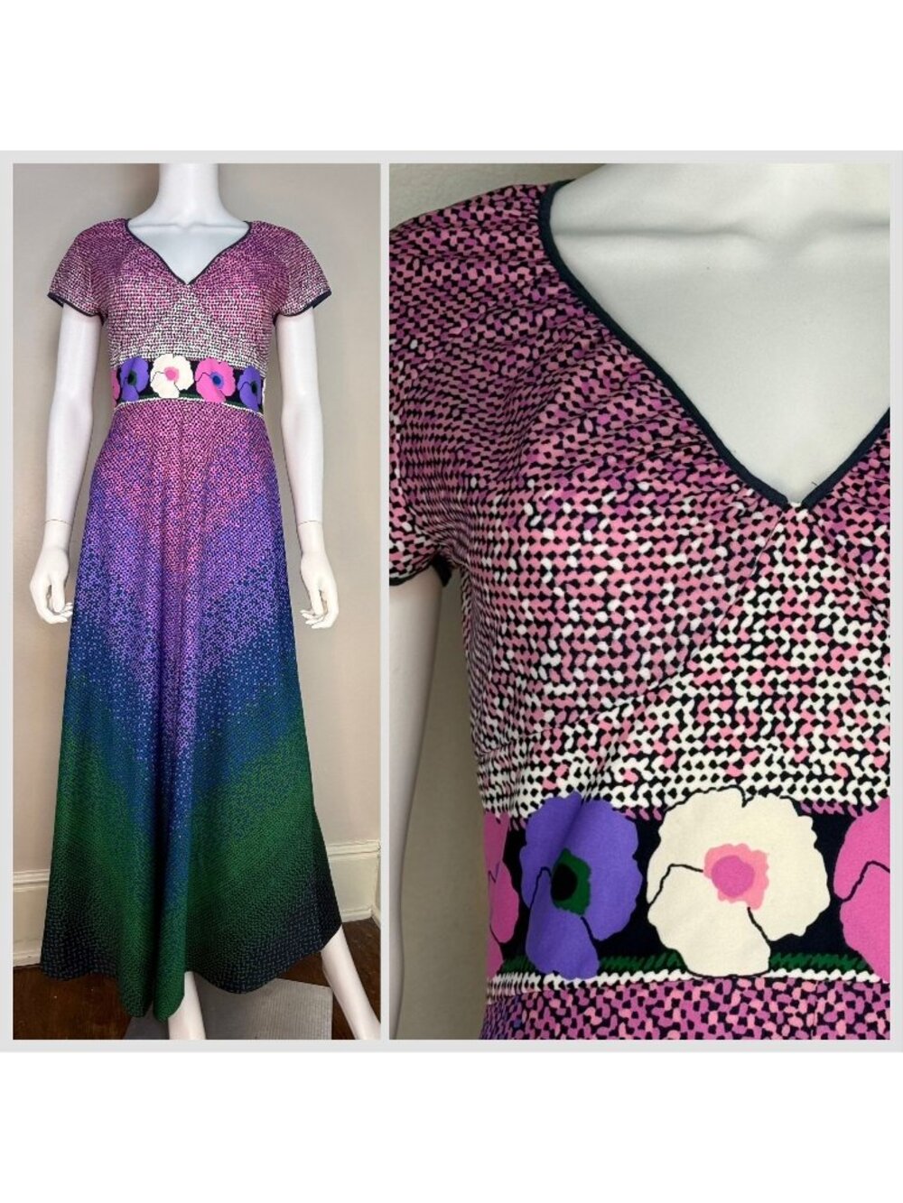 Vintage 1970s Chevron Gradient Print Maxi Dress, Dehå of Sweden Size S, Floral